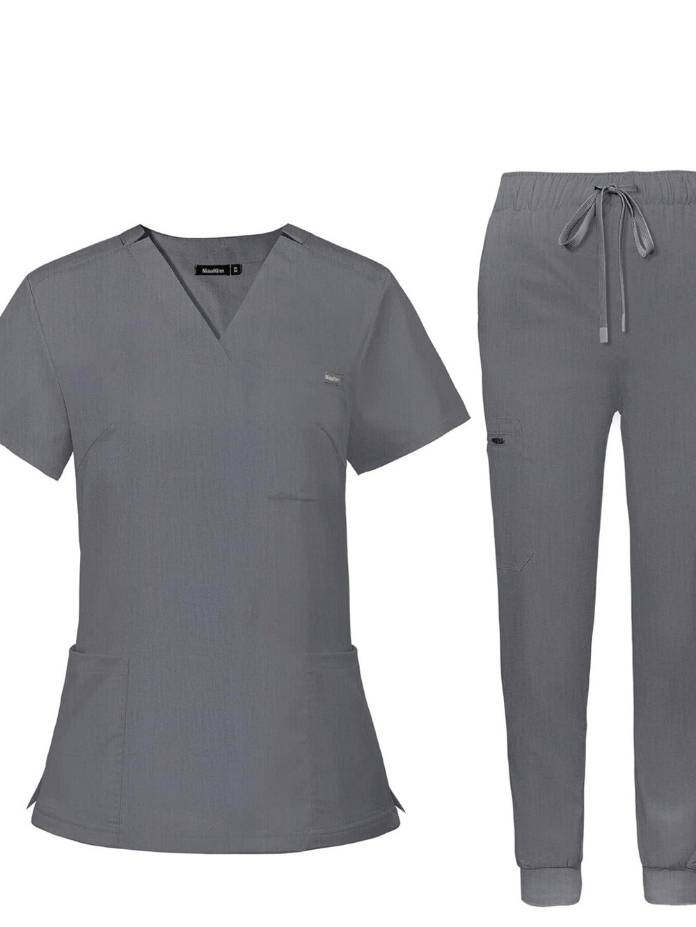 Niaahinn Gray V-Neck Scrub Top and Drawstring Pants Set